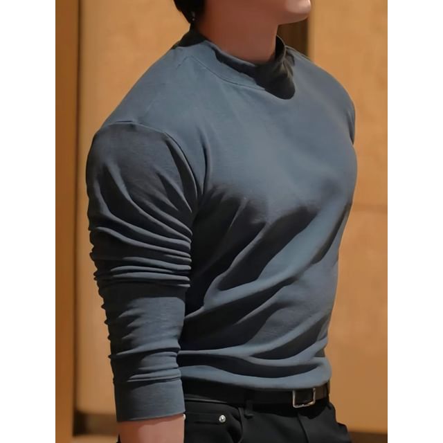 fluffush-Long Sleeve Mock Neck Plain T-Shirt