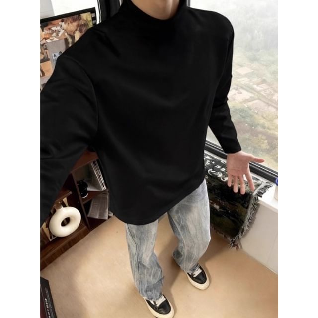 fluffush-Long Sleeve Mock Neck Plain T-Shirt