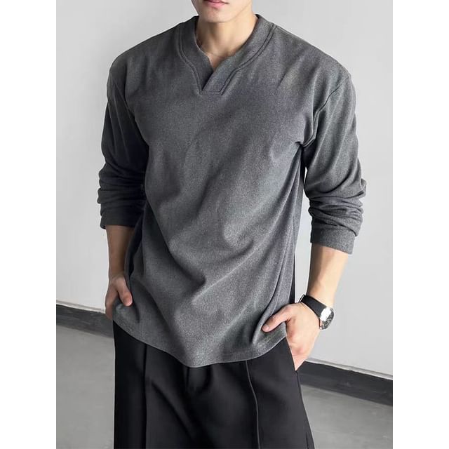 fluffush-Long Sleeve Open Placket Plain T-Shirt