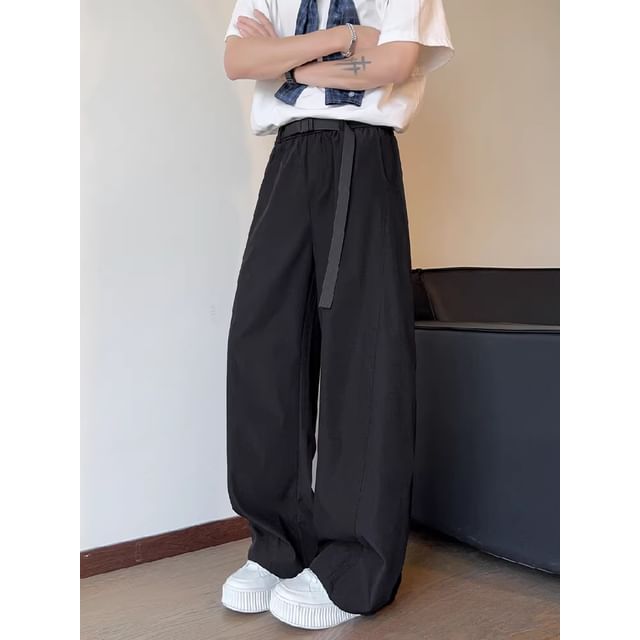 fluffush-Mid Rise Plain Buckle Baggy Pants