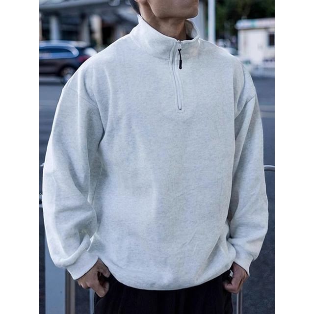 fluffush-Stand Collar Plain Half Zip Sweatshirt