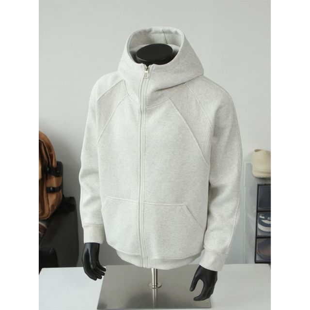 fluffush-Stand Collar Plain Panel Zip Hoodie