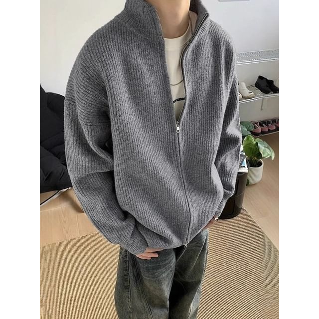 fluffush-Stand Collar Plain Ribbed Zip Cardigan