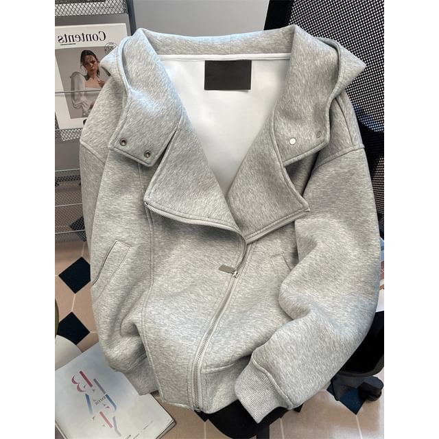 fluffush-Stand Collar Plain Zip Hoodie