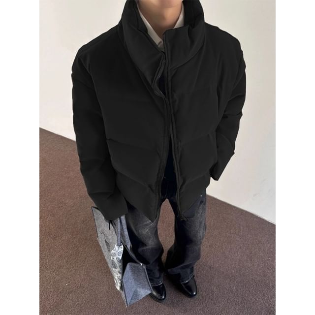 fluffush-Stand Collar Plain Zip Puffer Jacket