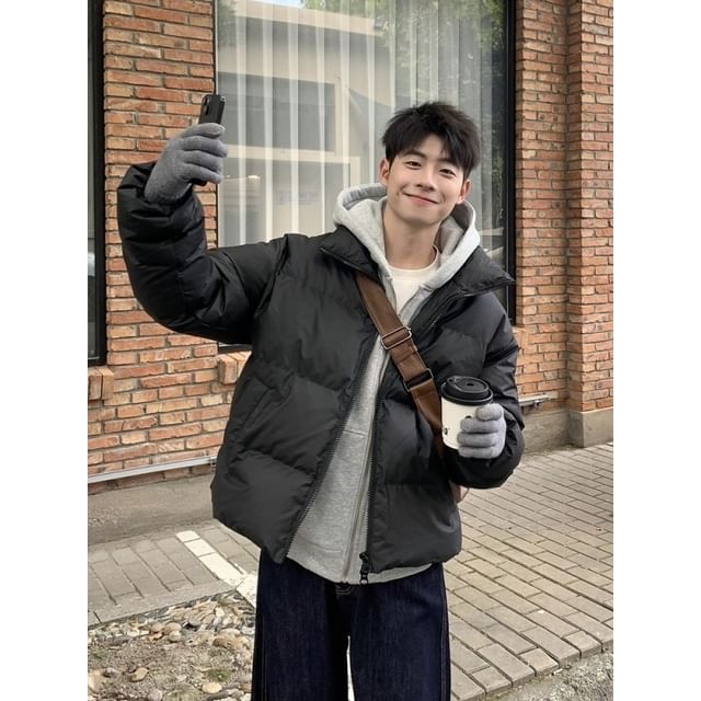 fluffush-Stand Collar Plain Zip Puffer Jacket