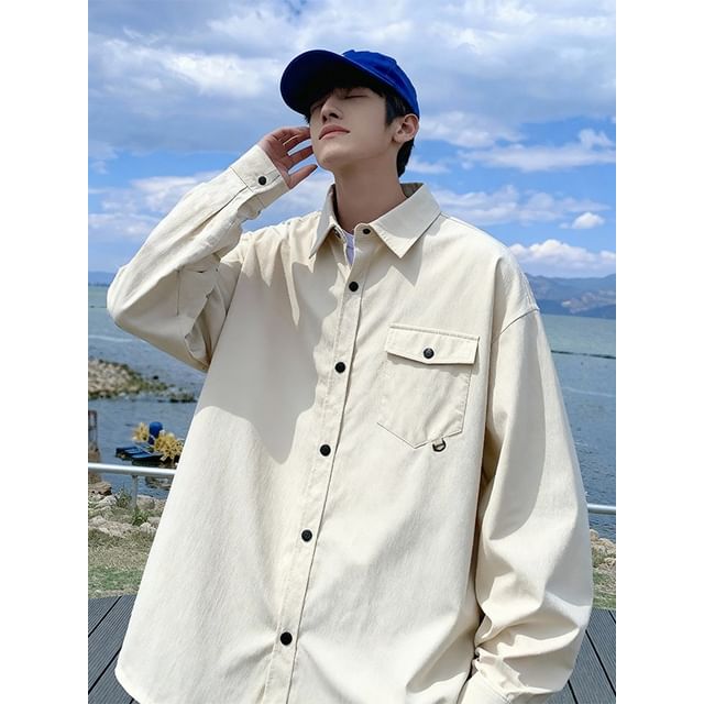 FOEV-Collared Plain Button Up Shirt Jacket