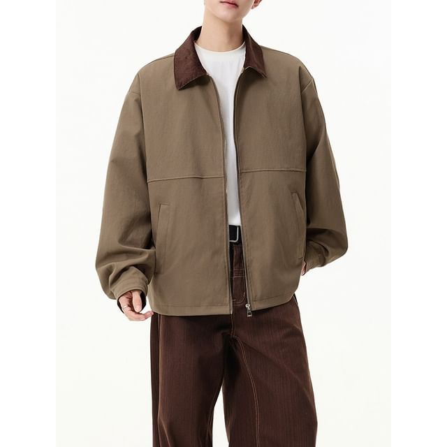 FOEV-Collared Plain Zip Barn Jacket