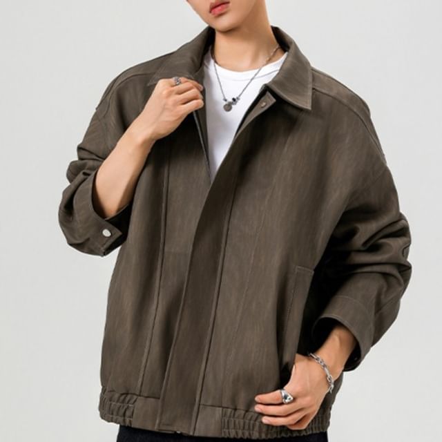 FOEV-Collared Plain Zip-Up Jacket