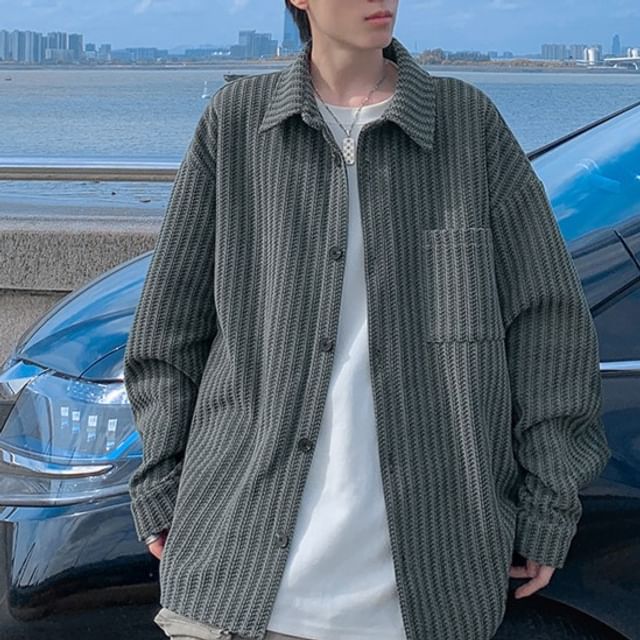 FOEV-Collared Striped Shirt Jacket
