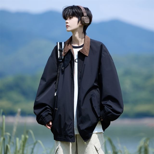 FOEV-Collared Two Tone Zip-Up Jacket