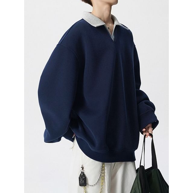 FOEV-Collared V-Neck Mock Two Piece Oversized Sweatshirt