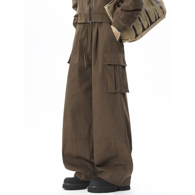 FOEV-Drawstring Waist Plain Baggy Cargo Pants