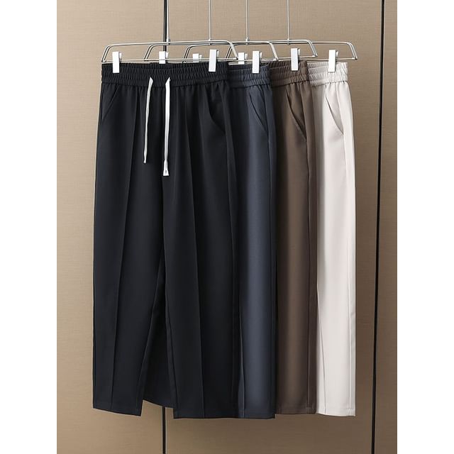 FOEV-Drawstring Waist Plain Baggy Pants
