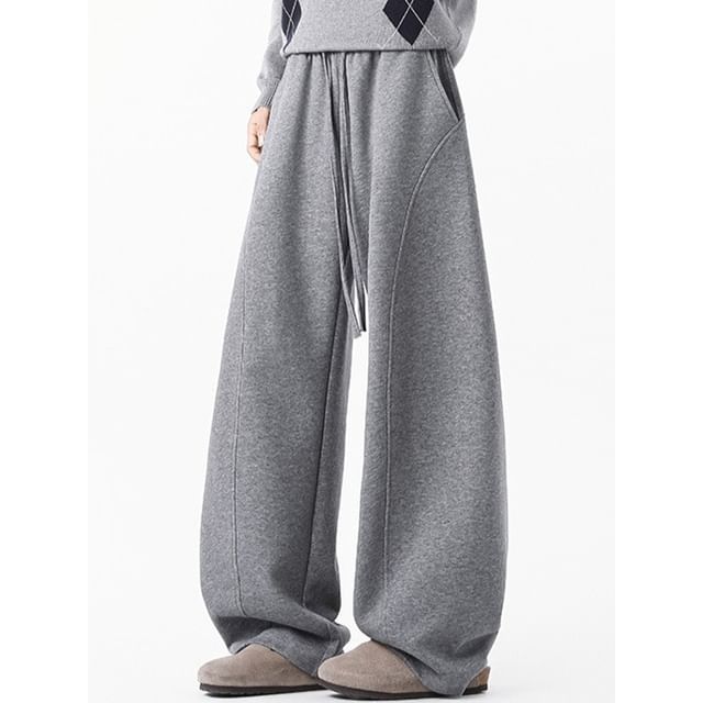 FOEV-Drawstring Waist Plain Baggy Sweatpants