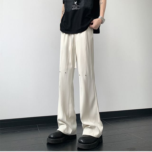 FOEV-Drawstring Waist Plain Bootcut Dress Pants