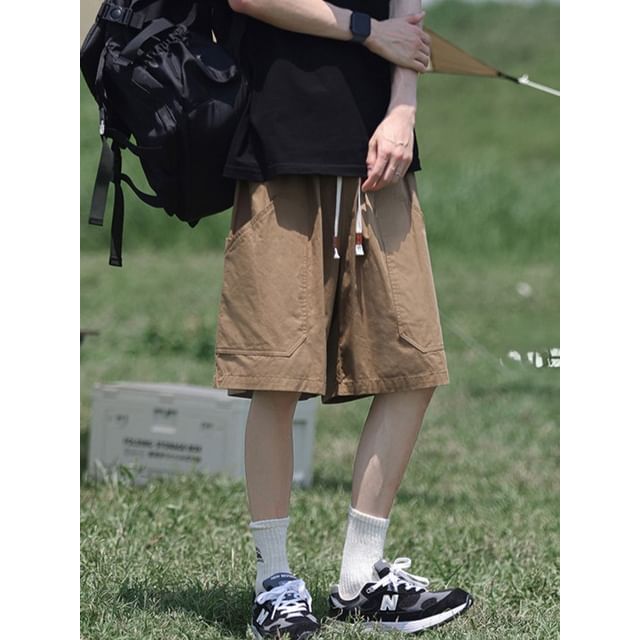 FOEV-Drawstring Waist Plain Cargo Shorts
