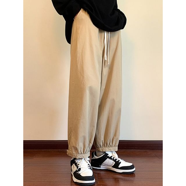 FOEV-Drawstring Waist Plain Harem Pants
