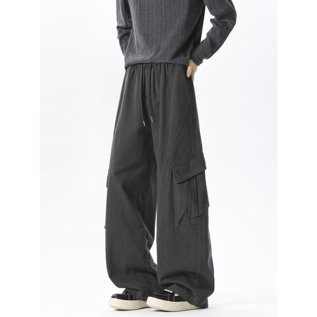 FOEV-Drawstring Waist Plain Wide Leg Cargo Pants