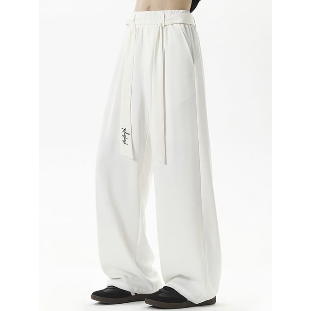 FOEV-Drawstring Waist Plain Wide Leg Dress Pants