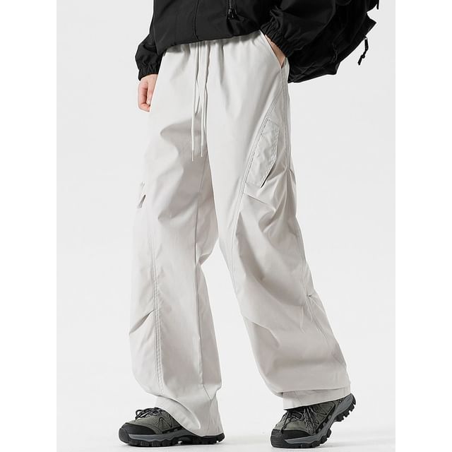 FOEV-Drawstring Waist Plain Wide Leg Pants