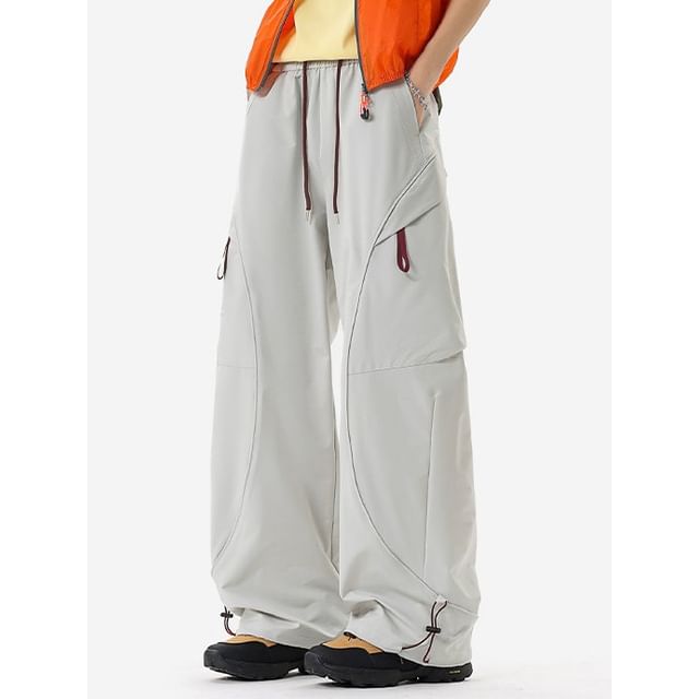 FOEV-Drawstring Waist Plain Wide Leg Pants
