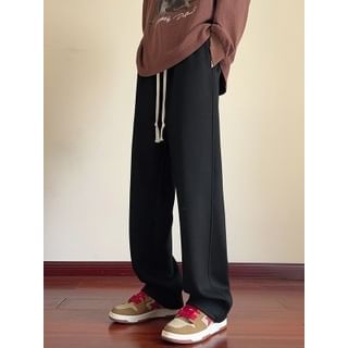 FOEV-Drawstring Waist Plain Wide Leg Pants