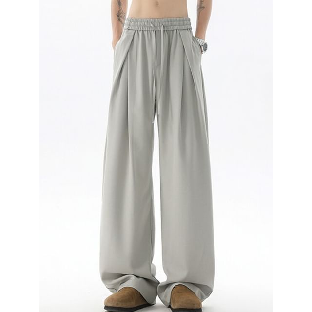 FOEV-Drawstring Waist Plain Wide Leg Pants
