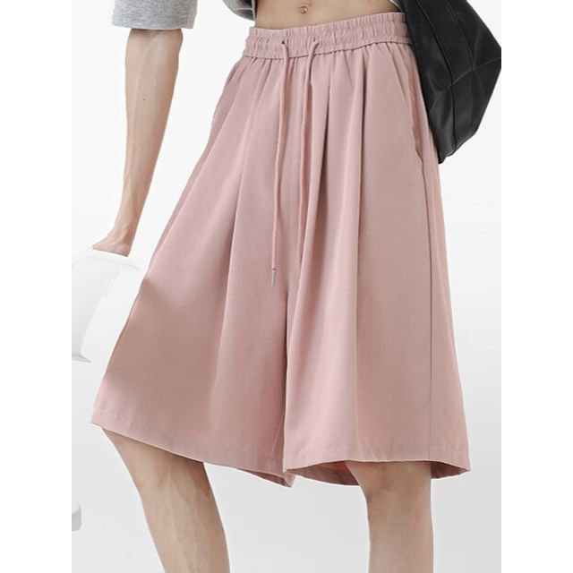 FOEV-Drawstring Waist Plain Wide Leg Shorts