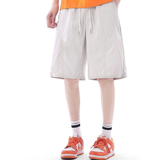 FOEV-Drawstring Waist Plain Wide Leg Shorts
