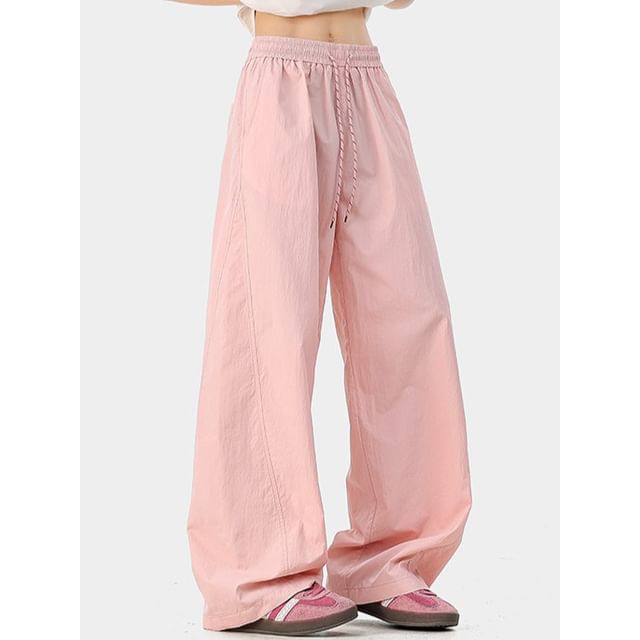 FOEV-Drawstring Waist Plain Wide Leg Sweatpants