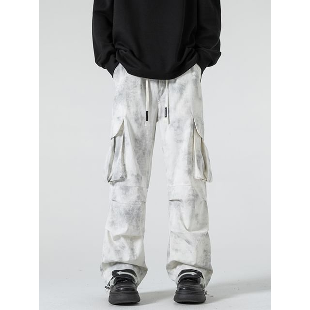 FOEV-Drawstring Waist Tie-Dye Wide Leg Pants