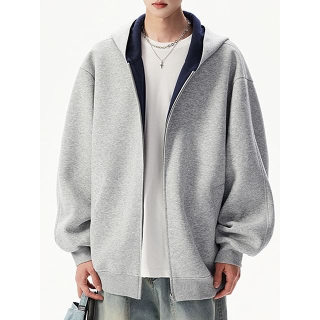 FOEV-Drop Shoulder Plain Oversized Zip Hoodie