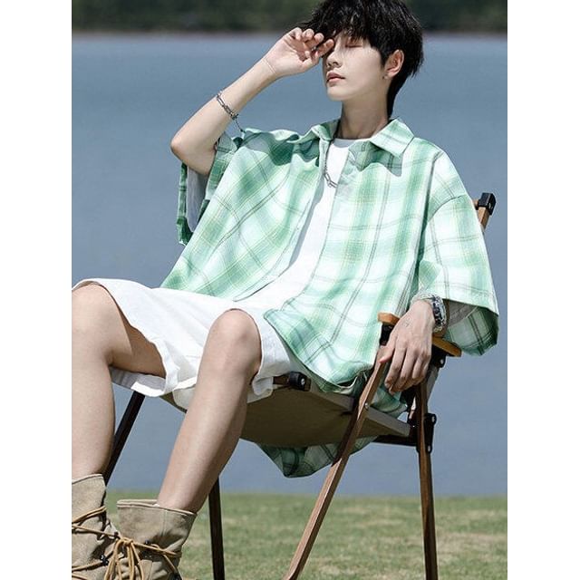 FOEV-Elbow-Sleeve Plaid Button-Up Shirt