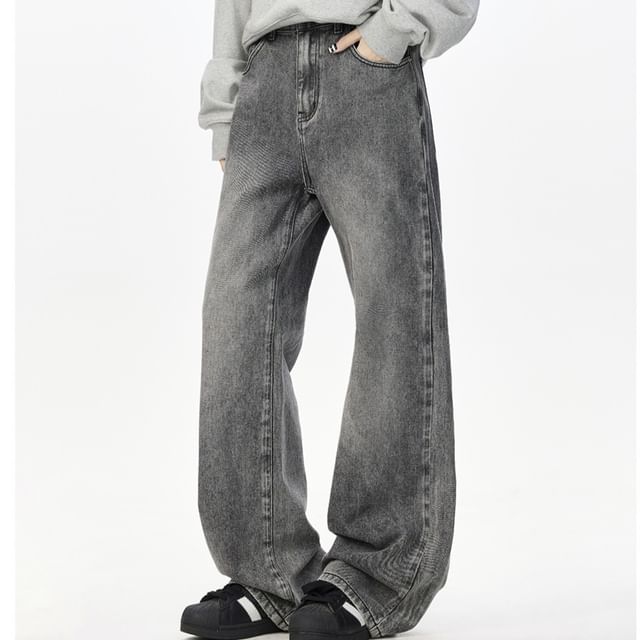 FOEV-High Waist Washed Loose Fit Jeans