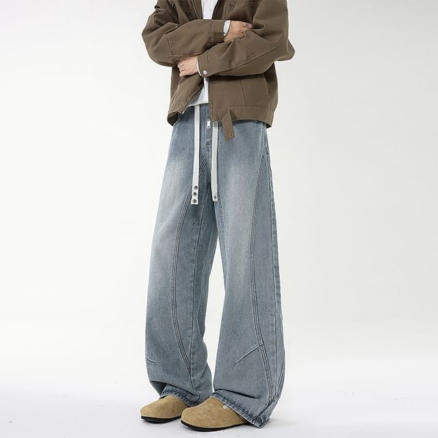 FOEV-High Waist Washed Wide Leg Jeans