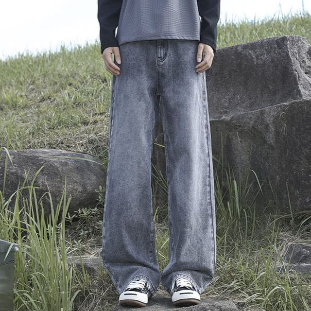 FOEV-High Waist Washed Wide Leg Jeans