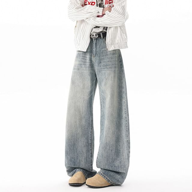 FOEV-High Waist Washed Wide Leg Jeans