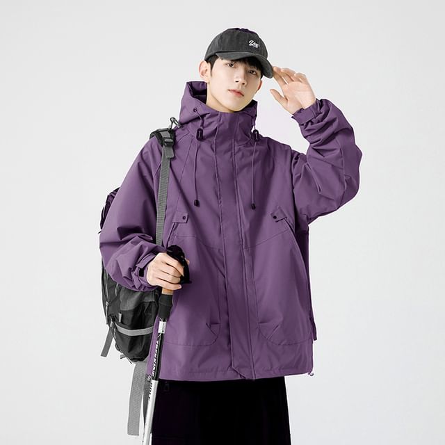 FOEV-Hooded Plain Zip-Up Jacket