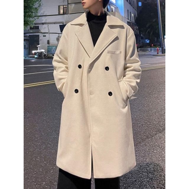 FOEV-Lapel Collar Plain Double Breasted Long Coat