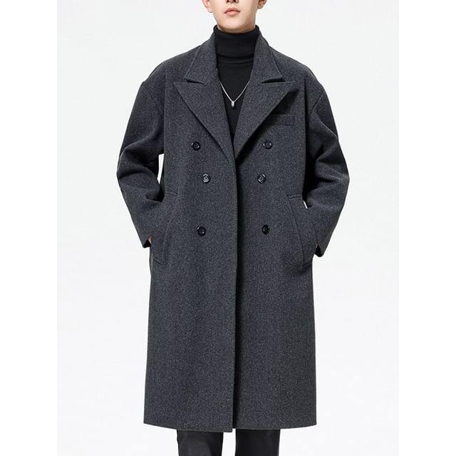 FOEV-Lapel Collar Plain Double Breasted Long Coat