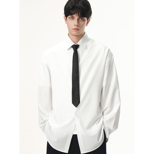 FOEV-Long-Sleeve Button-Up Plain Shirt