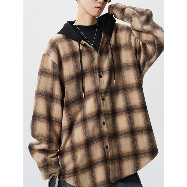 FOEV-Long-Sleeve Hooded Plaid Button Up Shirt