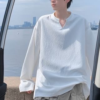 FOEV-Long-Sleeve Notched Plain T-Shirt
