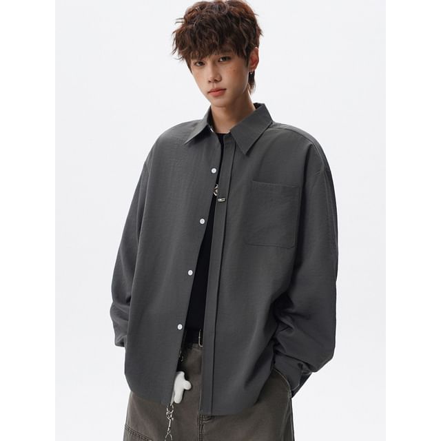 FOEV-Long-Sleeve Pocketed Plain Shirt