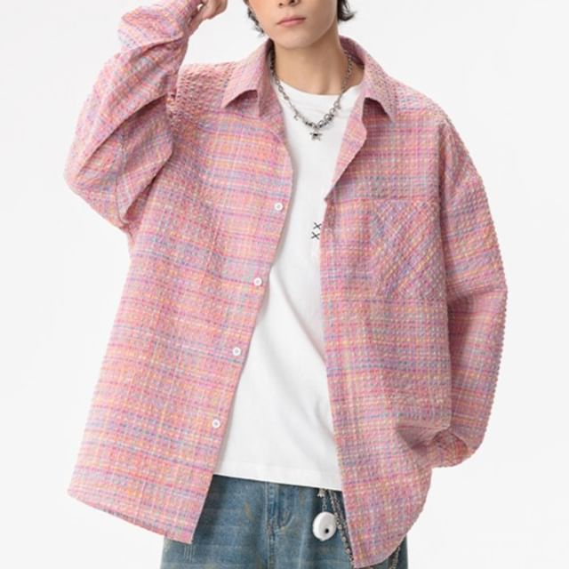 FOEV-Long-Sleeve Tweed Pocketed Shirt