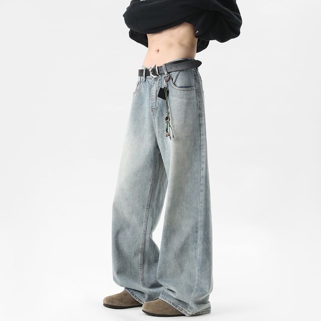 FOEV-Low Rise Washed Wide Leg Jeans
