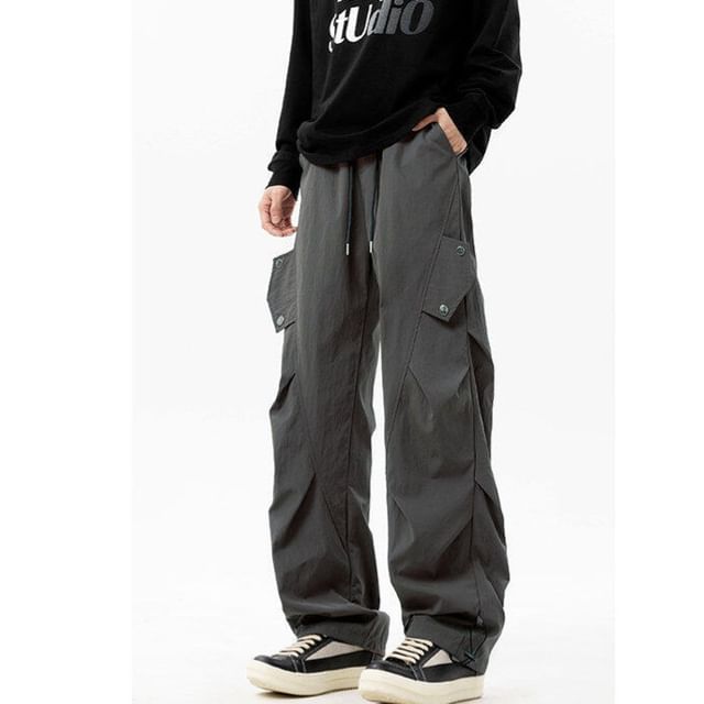 FOEV-Mid Rise Plain Drawstring Wide Leg Pants