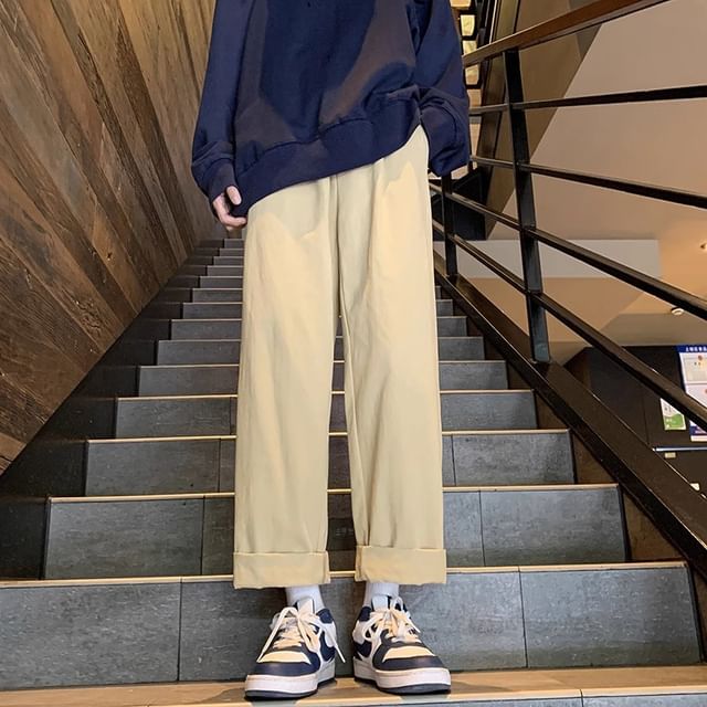 FOEV-Mid Rise Plain Straight Leg Pants