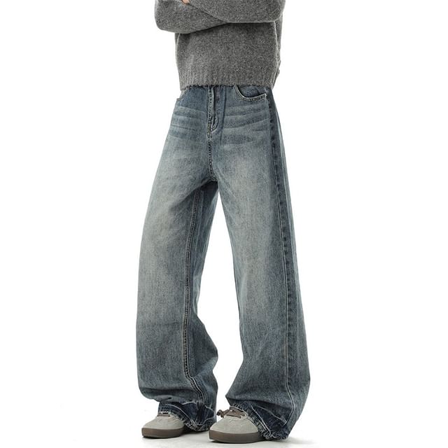 FOEV-Mid Rise Washed Wide Leg Jeans